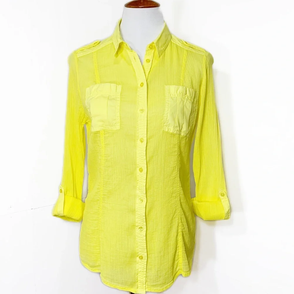 SOLD-Anthropologie Crinkle Roll Sleeve Bright Yellow Buttondown Top - Picture 5 of 9